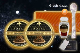 royal caviar gourmet set mit zwei dosen kaviar, gratis dazu: löffel, safran, kühlbox, lachsfilet