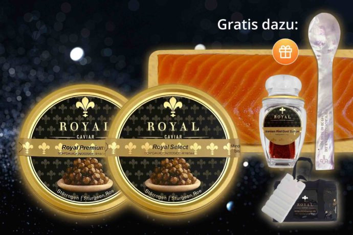 Gourmet Set Royal Caviar mit verschiedenen Kaviardosen Royal Premium und Royal Select, dazu Lachs, Kaviarlöffel, Safran und Kühltasche