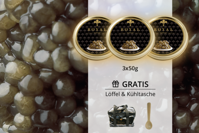 tasting set, 3 caviar a 50g, cooling box and mother of pearl spoon