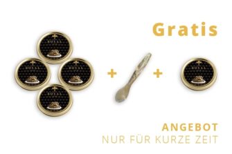 vier Kaviardosen plus eine gratis plus Kaviarlöffel