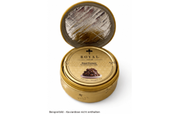 geöffnete, goldfarbene runde Mini-Kühltasche von Royal Caviar. Zur Veranschaulichung der Größe befindet sich eine 250g-Dose Royal Premium in der Kühltasche - diese Dose ist beim Produkt nicht enthalten.